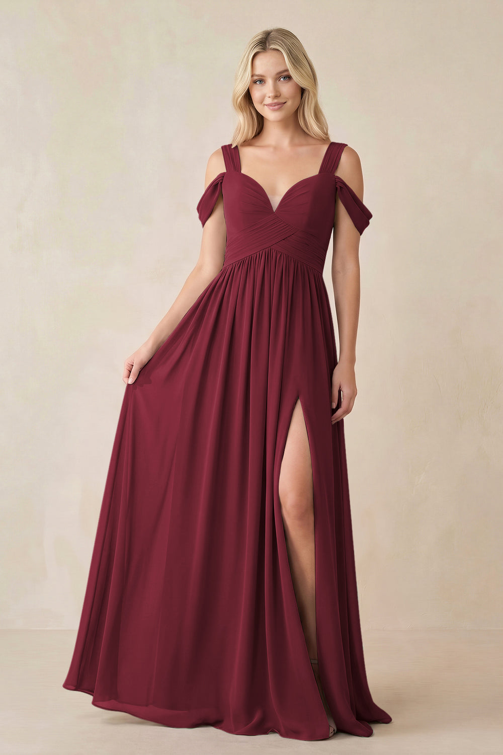 Chiffon A-Line Bridesmaid Dress with Slit in Berry