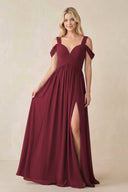 Berry Chiffon A-Line Bridesmaid Dress with Slit | KISSBRIDAL
