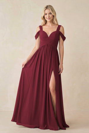 Berry Chiffon A-Line Bridesmaid Dress with Slit | KISSBRIDAL