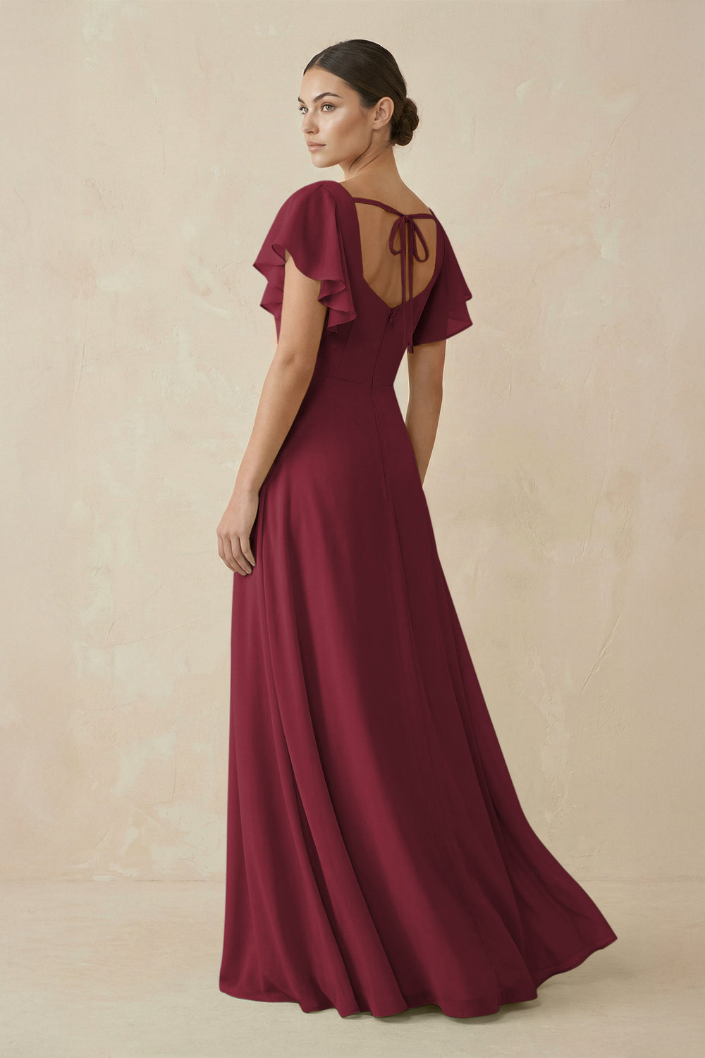 Chiffon A-Line Long Bridesmaid Dress with Flutter Sleeves in Berry