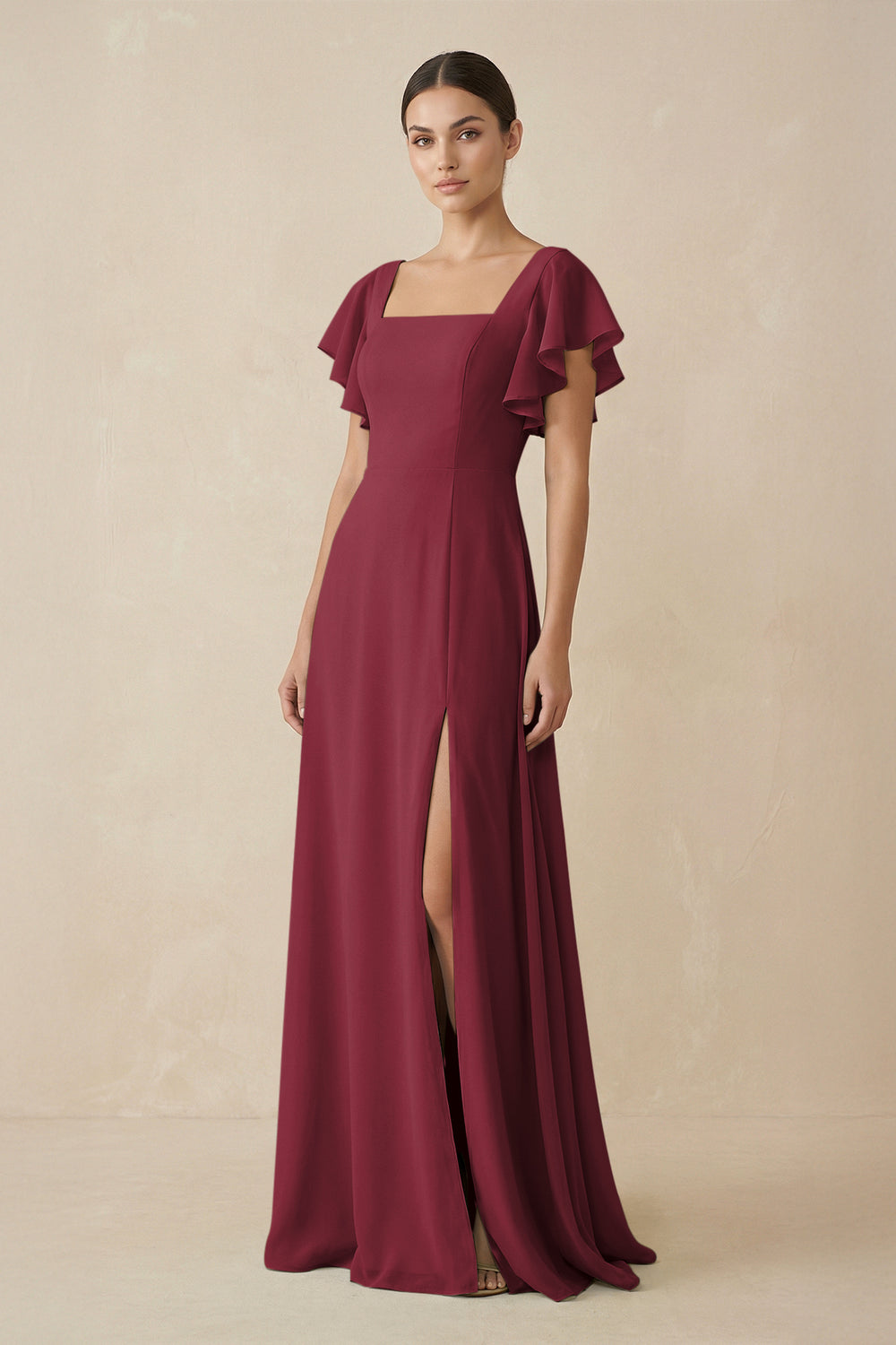 Chiffon A-Line Long Bridesmaid Dress with Flutter Sleeves in Berry