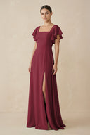 Berry Chiffon A-Line Long Bridesmaid Dress with Flutter Sleeves | KISSBRIDAL