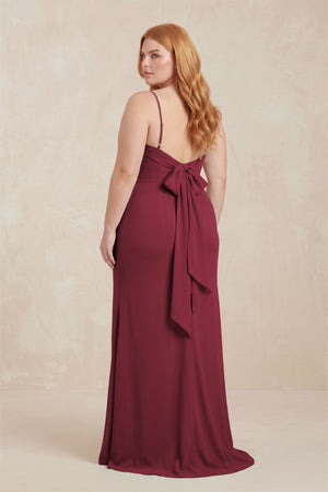 Berry Cowl Neck Sheath Chiffon Bridesmaid Dress with Corset (2) | KISSBRIDAL