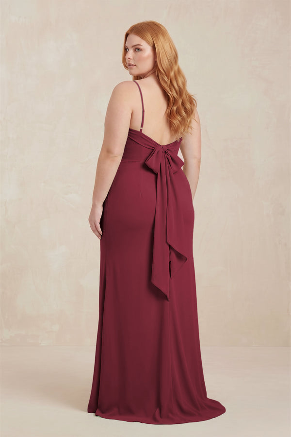 Berry Cowl Neck Sheath Chiffon Bridesmaid Dress with Corset (2) | KISSBRIDAL