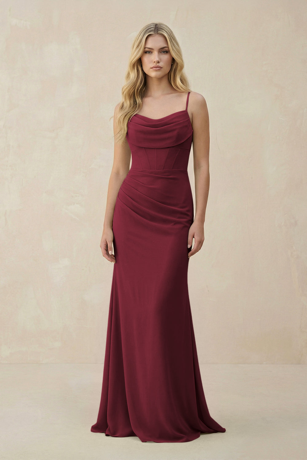 Cowl Neck Sheath Chiffon Bridesmaid Dress with Corset in Berry