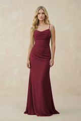 Berry Cowl Neck Sheath Chiffon Bridesmaid Dress with Corset | KISSBRIDAL