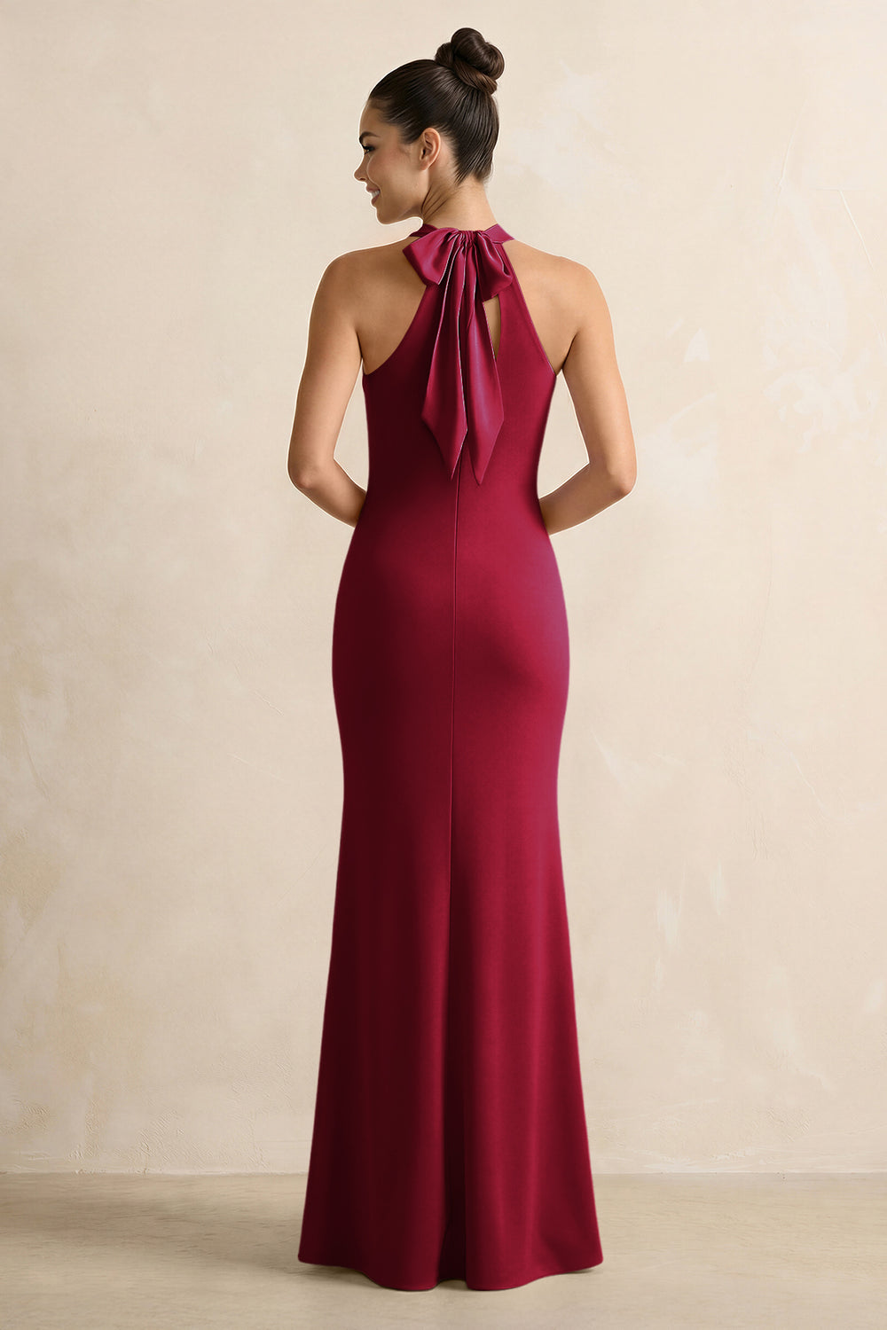 Crisscross Halter Sheath Satin Bridesmaid Dress with Bow in Berry
