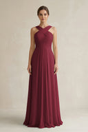 Berry Cross Halter Chiffon A-Line Pleated Bridesmaid Dress | KISSBRIDAL