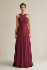 Berry Cross Halter Chiffon A-Line Pleated Bridesmaid Dress | KISSBRIDAL