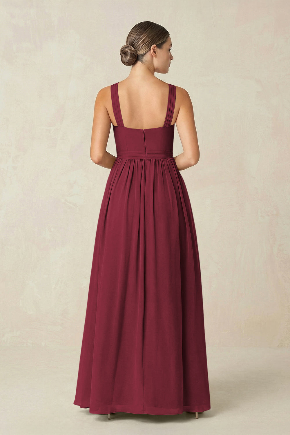 Cross Halter Neck Chiffon A-Line Bridesmaid Dress With Slit in Berry