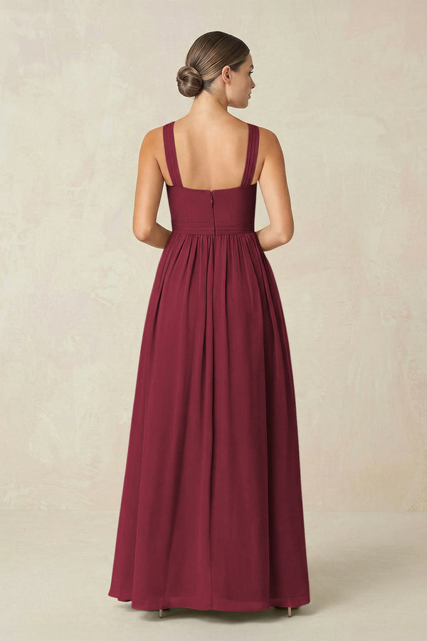 Berry Cross Halter Neck Chiffon A-Line Bridesmaid Dress With Slit (2) | KISSBRIDAL