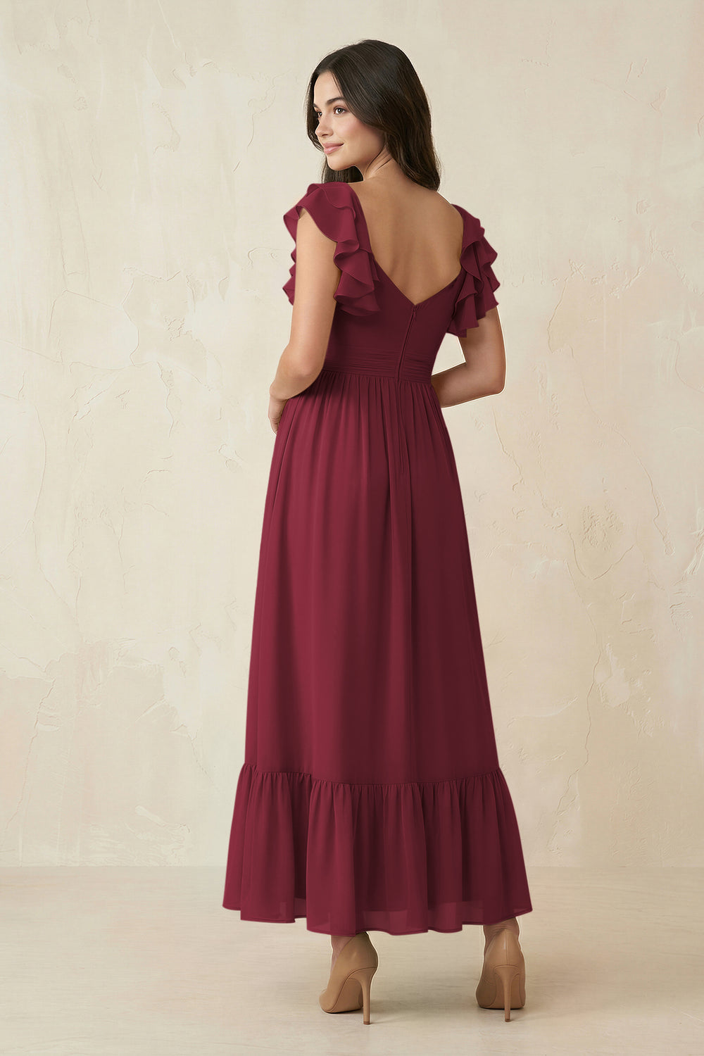 Flutter Sleeve Sweetheart A-Line Chiffon Bridesmaid Dress in Berry