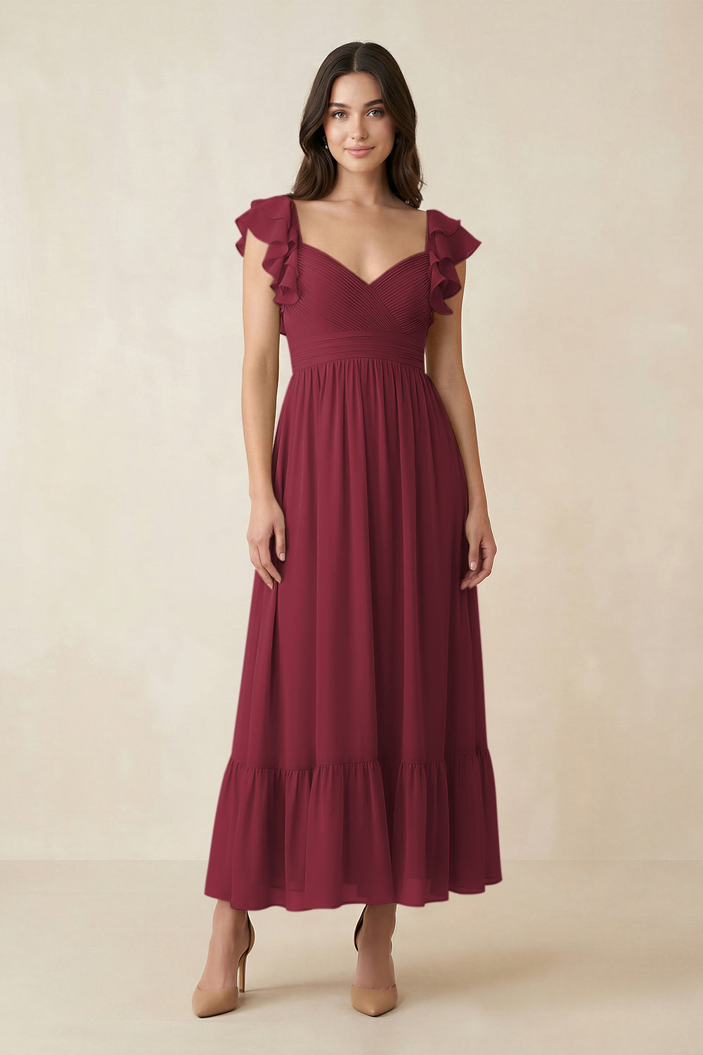 Flutter Sleeve Sweetheart A-Line Chiffon Bridesmaid Dress in Berry