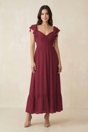 Berry Flutter Sleeve Sweetheart A-Line Chiffon Bridesmaid Dress | KISSBRIDAL