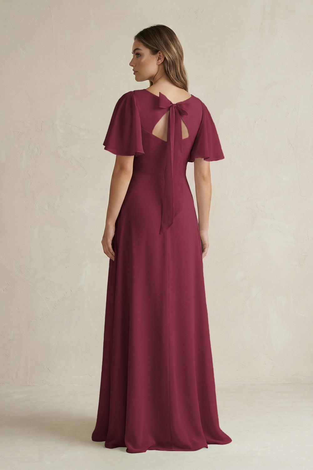 Flutter Sleeve V-Neck A-Line Chiffon Bridesmaid Dress in Berry