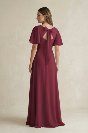 Berry Flutter Sleeve V-Neck A-Line Chiffon Bridesmaid Dress (2) | KISSBRIDAL