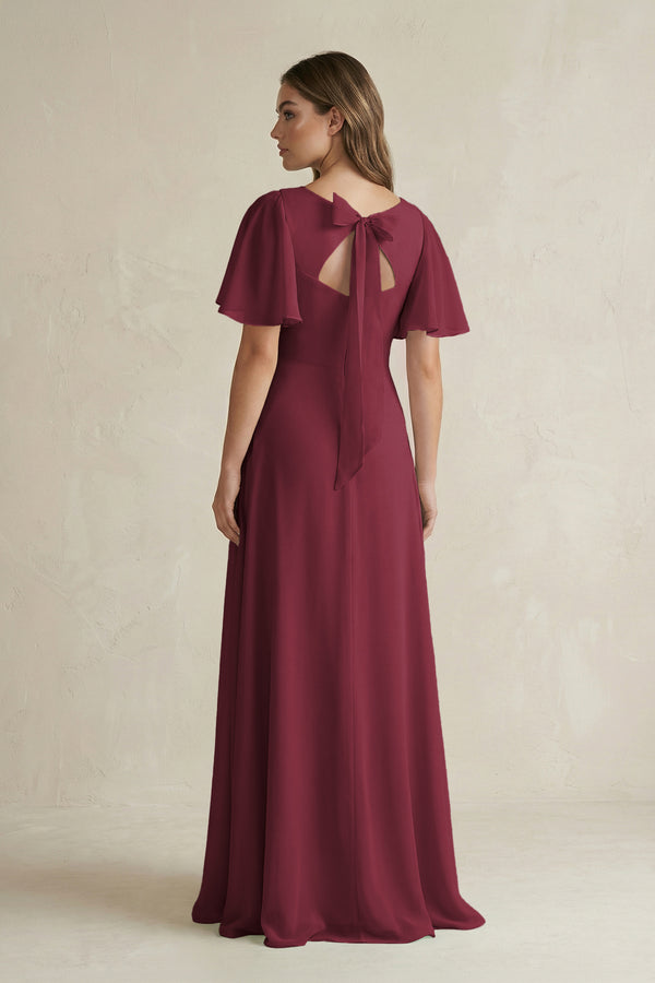 Berry Flutter Sleeve V-Neck A-Line Chiffon Bridesmaid Dress (2) | KISSBRIDAL