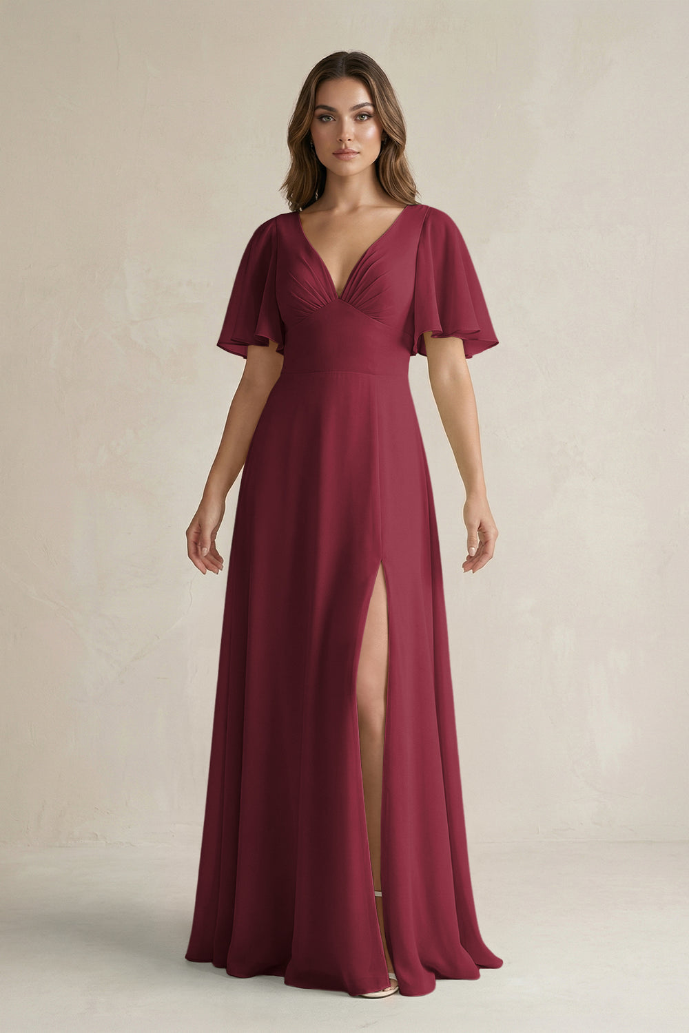 Flutter Sleeve V-Neck A-Line Chiffon Bridesmaid Dress in Berry