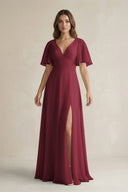 Berry Flutter Sleeve V-Neck A-Line Chiffon Bridesmaid Dress | KISSBRIDAL
