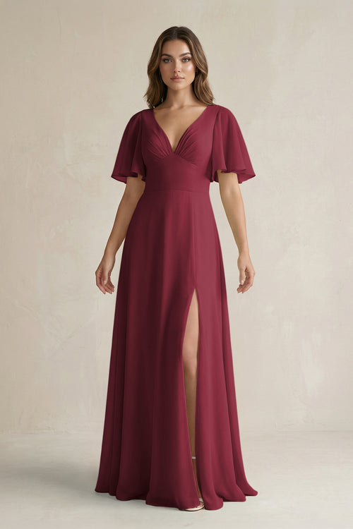 Berry Flutter Sleeve V-Neck A-Line Chiffon Bridesmaid Dress | KISSBRIDAL