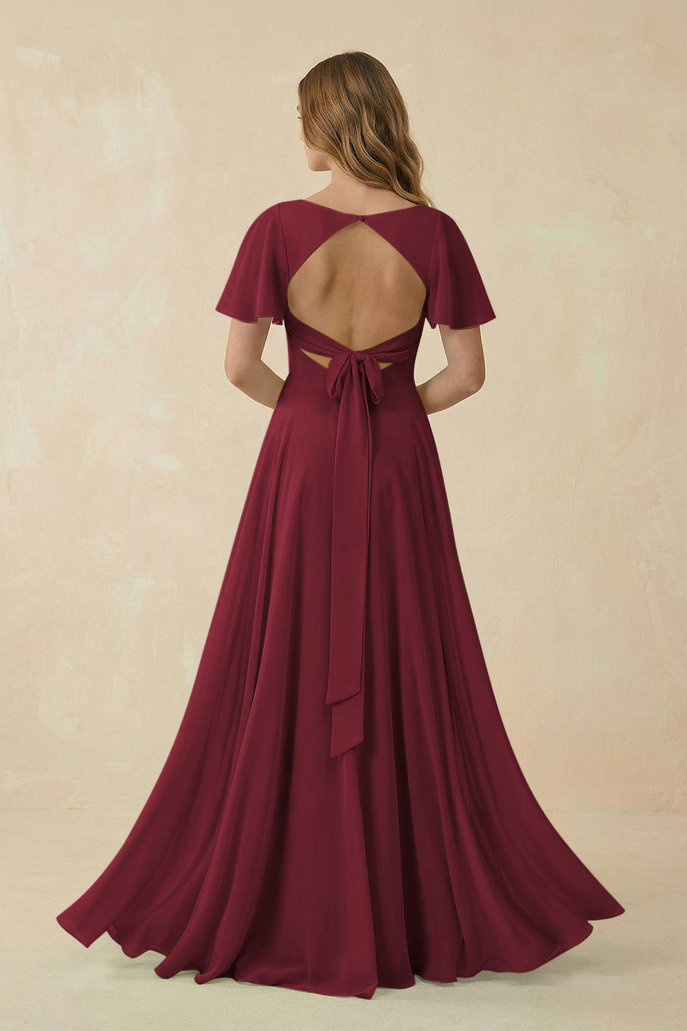 Flutter Sleeve V-Neck Chiffon A-Line Bridesmaid Dress in Berry