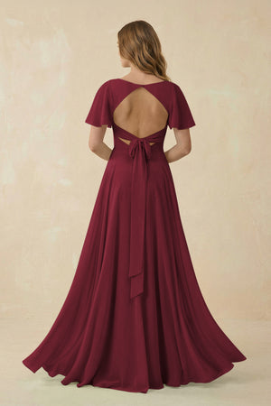 Berry Flutter Sleeve V-Neck Chiffon A-Line Bridesmaid Dress (2) | KISSBRIDAL