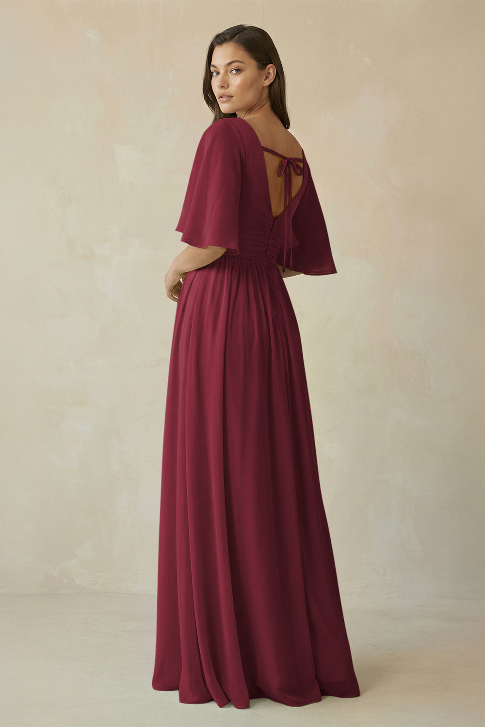 Half Sleeve V-Neck A-Line Chiffon Bridesmaid Gown in Berry