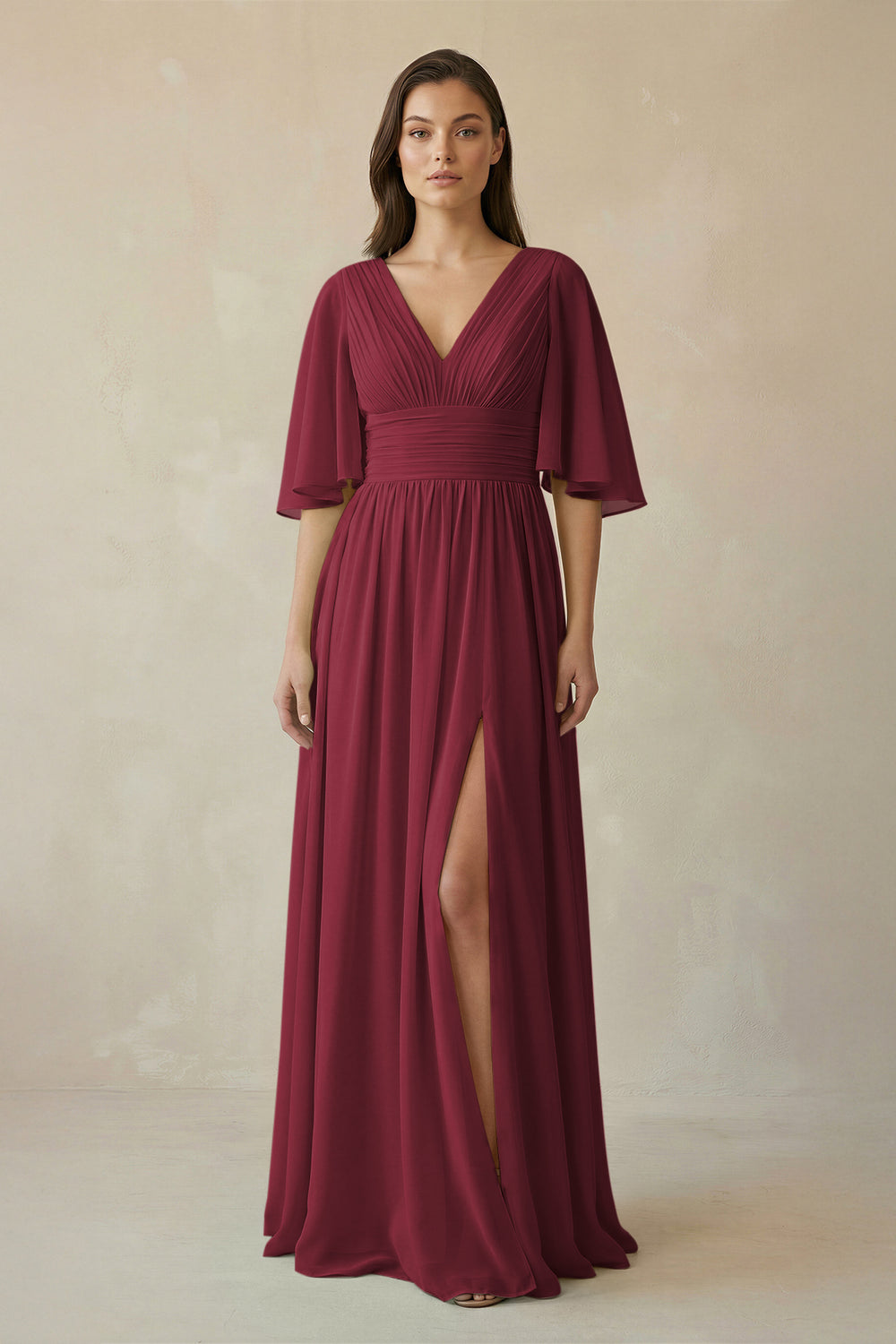 Half Sleeve V-Neck A-Line Chiffon Bridesmaid Gown in Berry