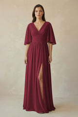 Berry Half Sleeve V-Neck A-Line Chiffon Bridesmaid Gown | KISSBRIDAL