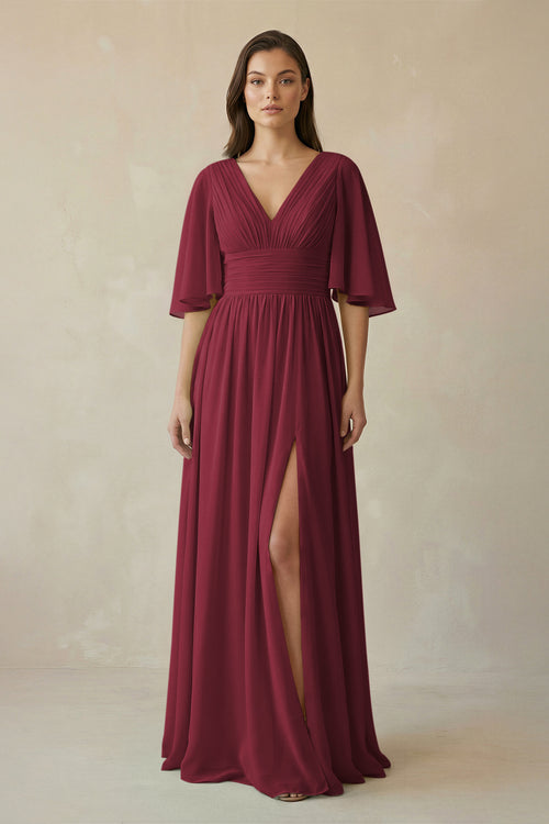 Berry Half Sleeve V-Neck A-Line Chiffon Bridesmaid Gown | KISSBRIDAL