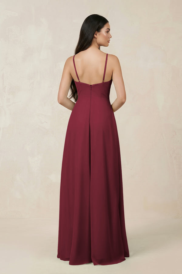Berry Halter Chiffon A-Line Bridesmaid Dress With Slit (2) | KISSBRIDAL