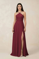 Berry Halter Chiffon A-Line Bridesmaid Dress With Slit | KISSBRIDAL