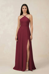 Berry Halter Chiffon A-Line Bridesmaid Dress With Slit | KISSBRIDAL