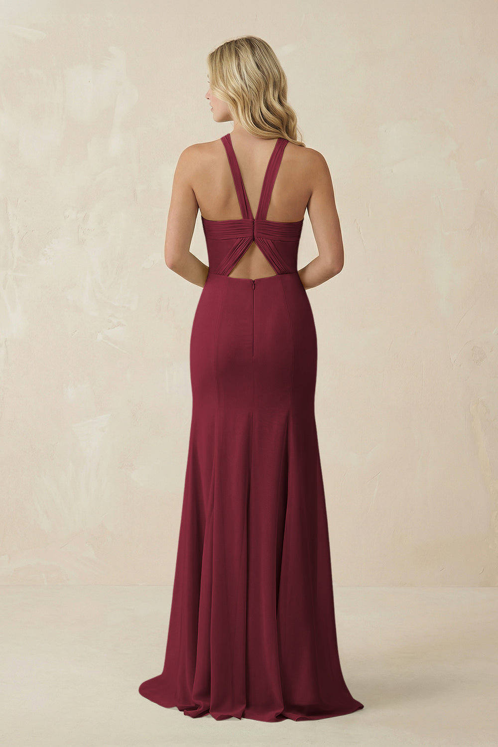 Halter Chiffon Mermaid Ruched Bridesmaid Dress in Berry