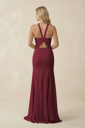Berry Halter Chiffon Mermaid Ruched Bridesmaid Dress (2) | KISSBRIDAL