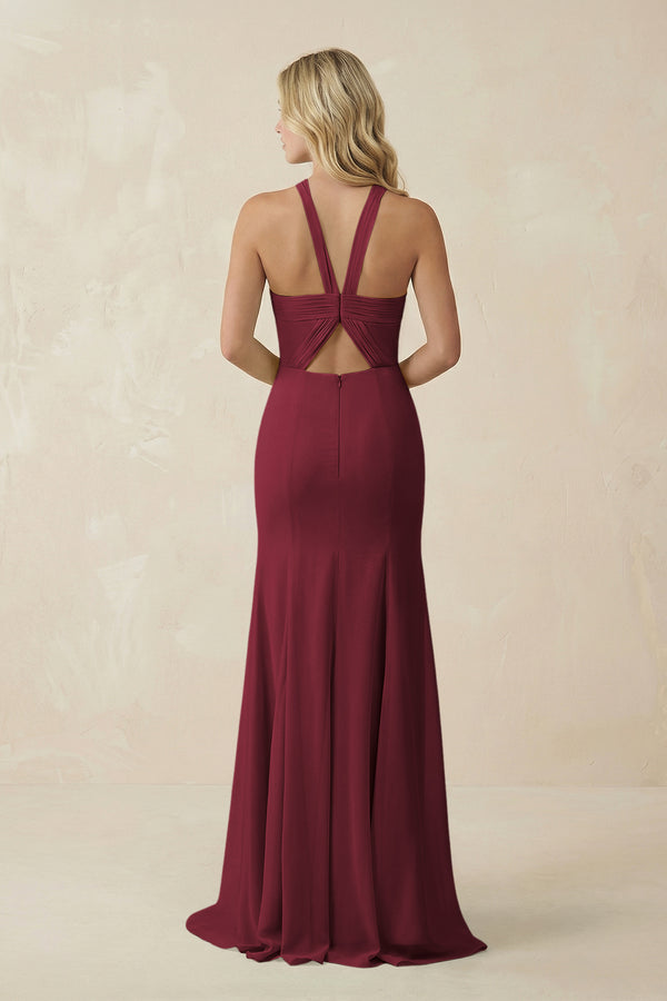 Berry Halter Chiffon Mermaid Ruched Bridesmaid Dress (2) | KISSBRIDAL