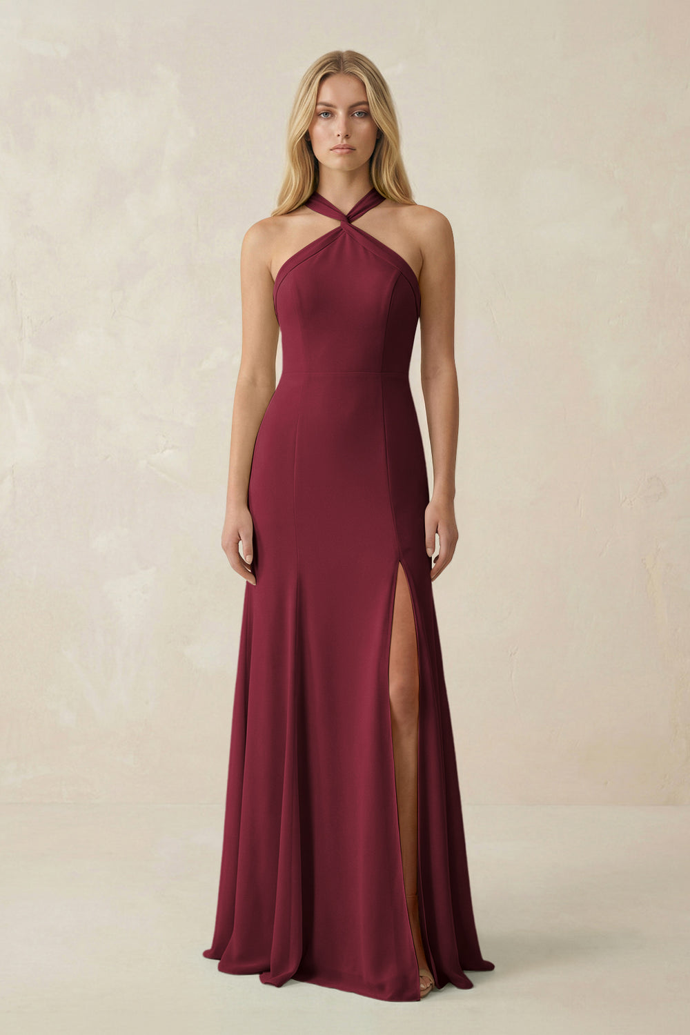Halter Chiffon Mermaid Ruched Bridesmaid Dress in Berry