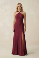 Berry Halter Chiffon Mermaid Ruched Bridesmaid Dress | KISSBRIDAL