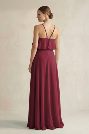 Berry Halter Neck A-Line Chiffon Bridesmaid Dress with Keyhole (2) | KISSBRIDAL