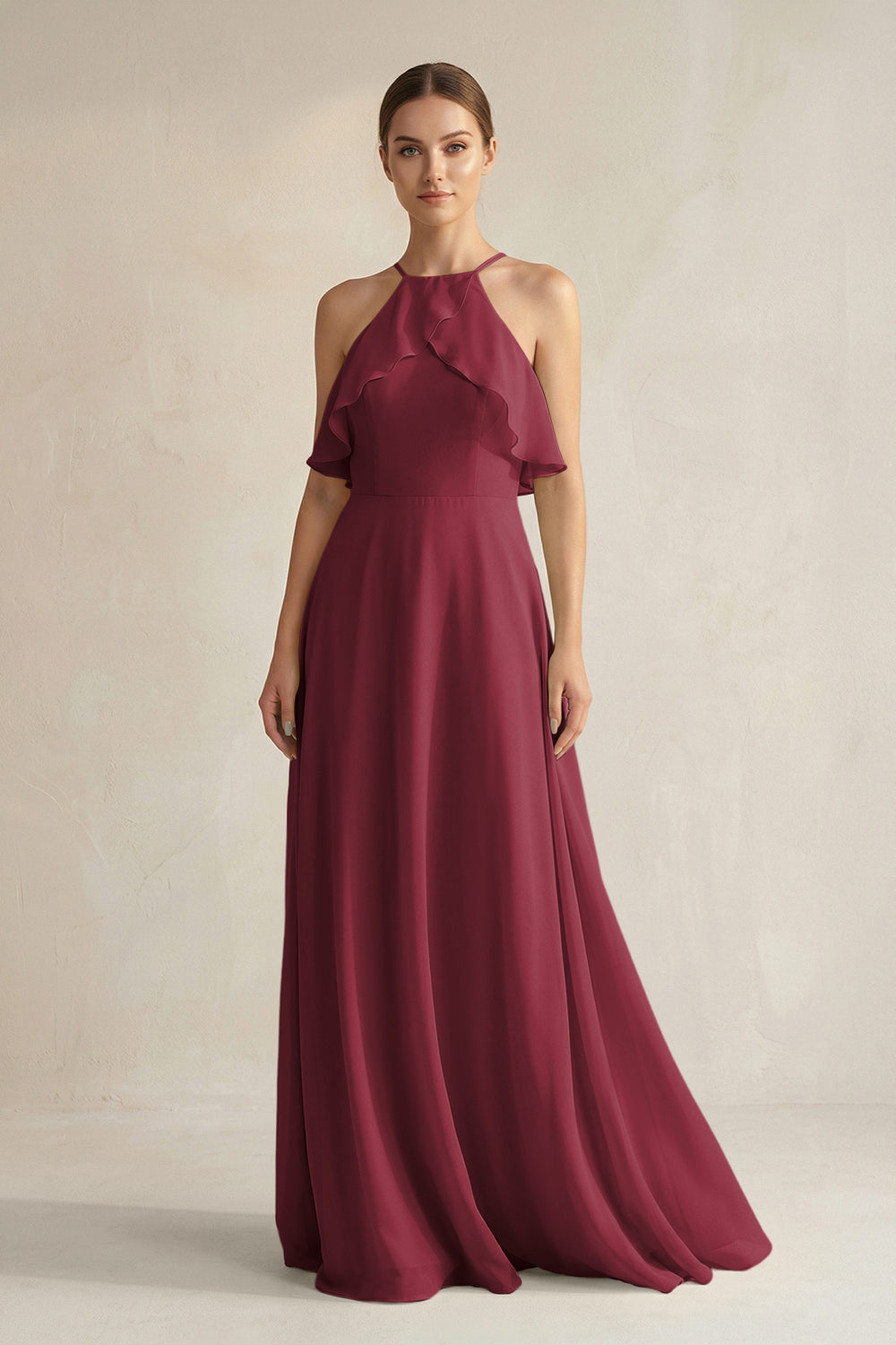 Halter Neck A-Line Chiffon Bridesmaid Dress with Keyhole in Berry