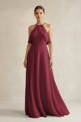 Berry Halter Neck A-Line Chiffon Bridesmaid Dress with Keyhole | KISSBRIDAL