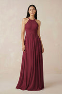 Berry Halter Neck A-Line Chiffon Bridesmaid Dress | KISSBRIDAL