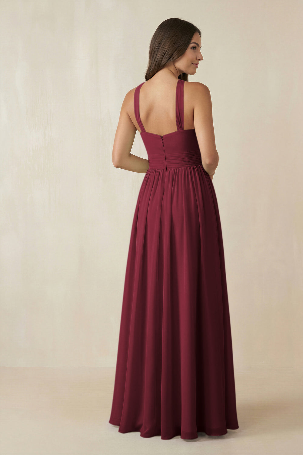 Halter Neck Ruched A-Line Chiffon Bridesmaid Dress in Berry