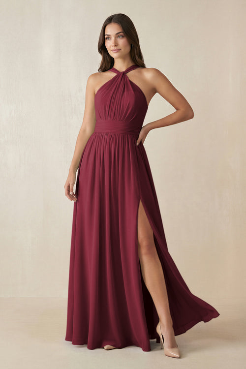 Berry Halter Neck Ruched A-Line Chiffon Bridesmaid Dress | KISSBRIDAL