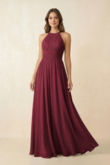 Berry Halter Pleated A-Line Chiffon Bridesmaid Dress | KISSBRIDAL