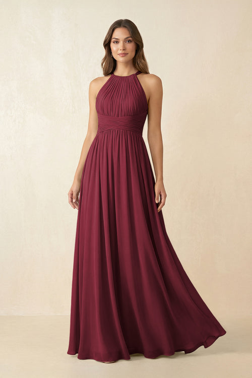 Berry Halter Pleated A-Line Chiffon Bridesmaid Dress | KISSBRIDAL