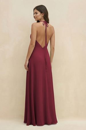 Berry Halter Sheath Long Chiffon Bridesmaid Dress (2) | KISSBRIDAL