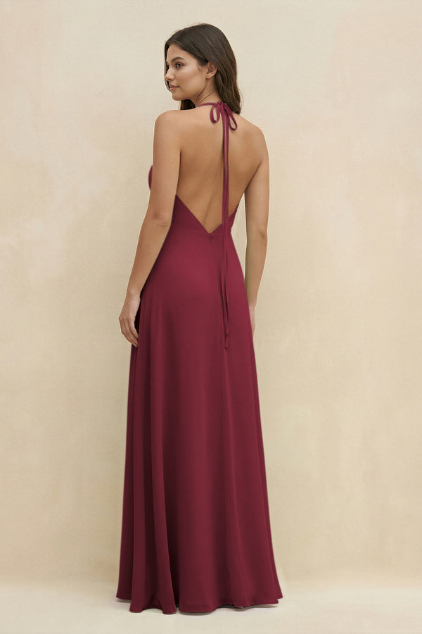 Berry Halter Sheath Long Chiffon Bridesmaid Dress (2) | KISSBRIDAL