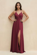 Berry Halter Sheath Long Chiffon Bridesmaid Dress | KISSBRIDAL