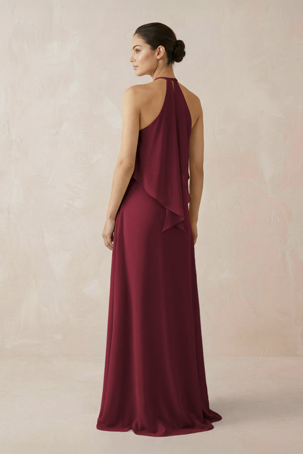 Berry Halter Sheath Ruffled Chiffon Bridesmaid Dress (2) | KISSBRIDAL